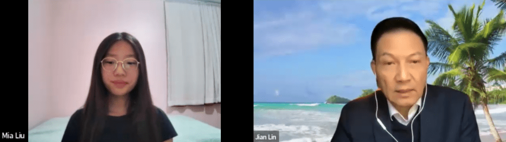 Youth Journalism Alliance's Mia Liu (left) speaks to Dr Lin Jian (right).